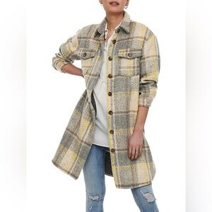 Only Wool-Blend Grey Yellow Plaid Long Shacket Size Medium